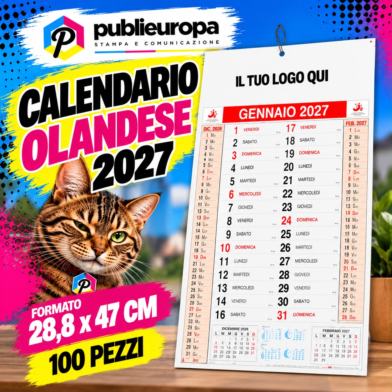 Calendario Olandese 2027 Personalizzabile – 28,8 × 47 cm - (100 pezzi)